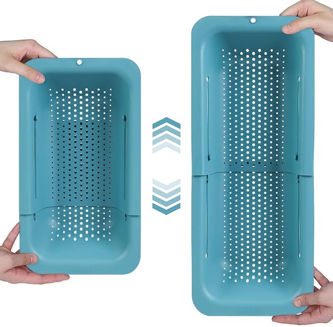 BLUE GINKGO Over the Sink Colander Strainer Basket - Wash Vegetables and Fruits, Drain Cooked Pasta and Dry Dishes - Extendable - New Home Kitchen Essentials (7.9 W x 14.5-19.5 L x 2.75 H) - Teal | Fits Most Sinks. Rinse, Drain and Dry with Ease.