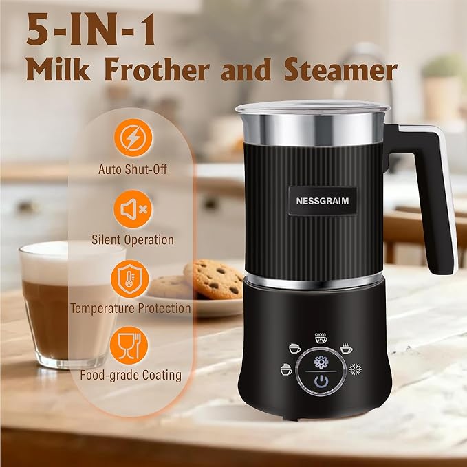 5-in-1 Electric Milk Frother, Automatic Milk Frother & Steamer for Hot & Cold Foam, Large Capacity Milk Warmer for Latte Cappuccino, Hot Chocolate Maker, Dishwasher Safe (Black)