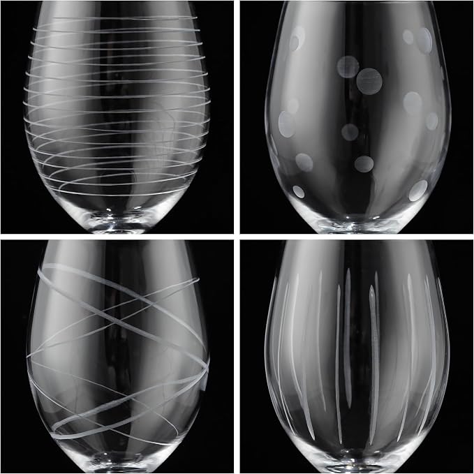 Joeyan Hand Blown Etched Red and White Wine Glasses,Stemmed Glasses with Stripes and Dots Pattern,Clear Carved Long Stem Glassware Set for Wine Tasting Birthday Anniversary Wedding,19 oz,Set of 4