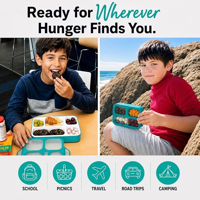 Bento Box Lunch and Snack Containers for School Kids Girls Boys | Leak Proof Portion Control Kits BPA Free, Teal & Orange, Large and Small, Value Set of 4