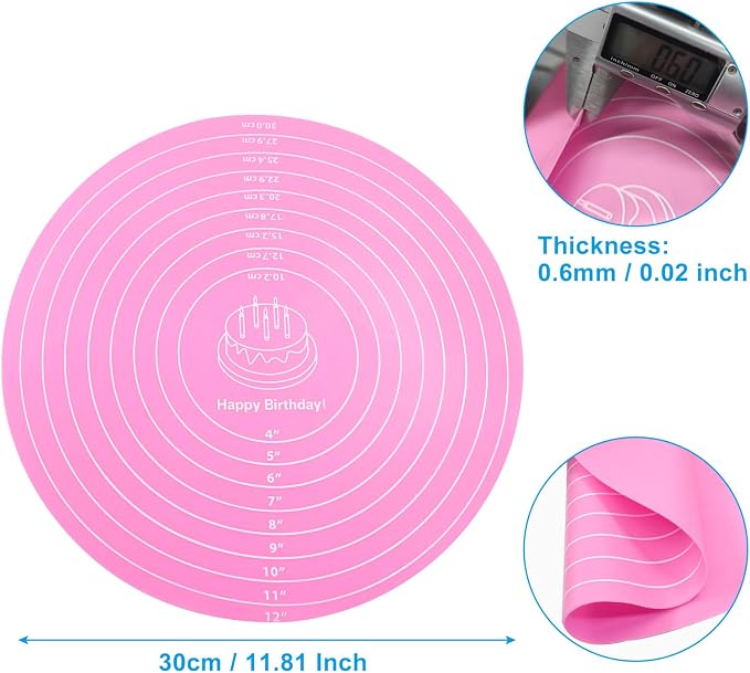 Hitefu 12 Inch Round Silicone Cake Mat, Pink | Silicone Baking Mat, With Measurement, For Cake Turntable, For Rolling Dough