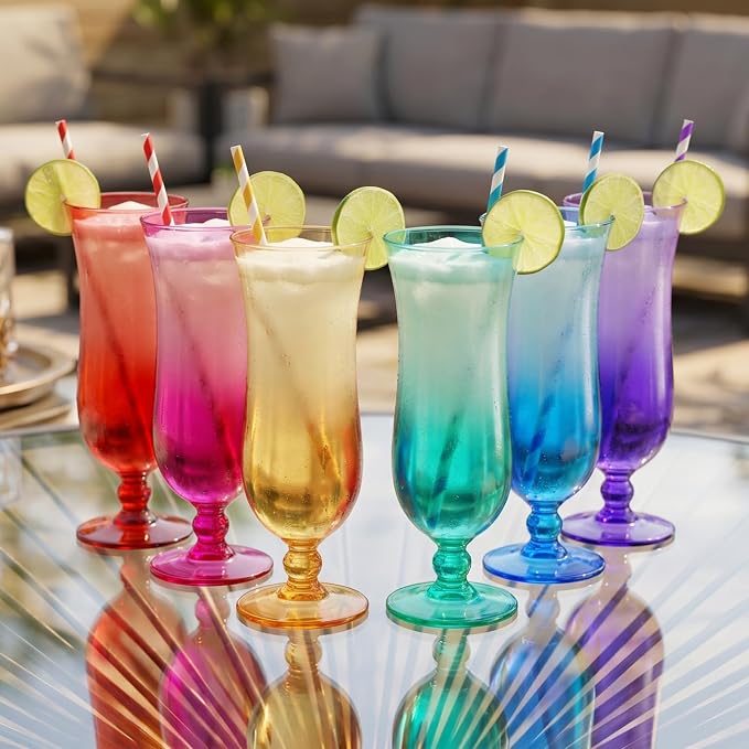 Unbreakable Pina Colada, Daiquiri, Frozen Cocktails & Juice Glasses, Hurricane Glassware, 14oz - 6 Set - Reusable Acrylic Dishwasher Safe Shatterproof BPA-free Plastic Cup, Tropical Cocktail Tall Cups
