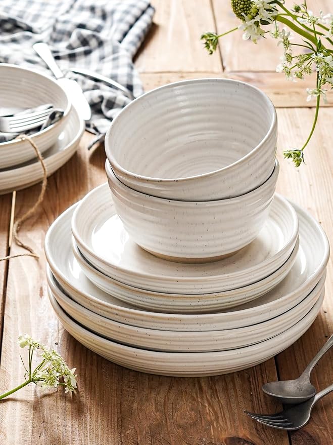 LE TAUCI Ceramic Dinnerware Sets for 4, 12 Piece Plates and Bowls Sets, Chip Resistant Kitchen Dish Set, Microwave & Dishwasher Safe, Arctic White (8"&10" Plate, 28oz Bowl)