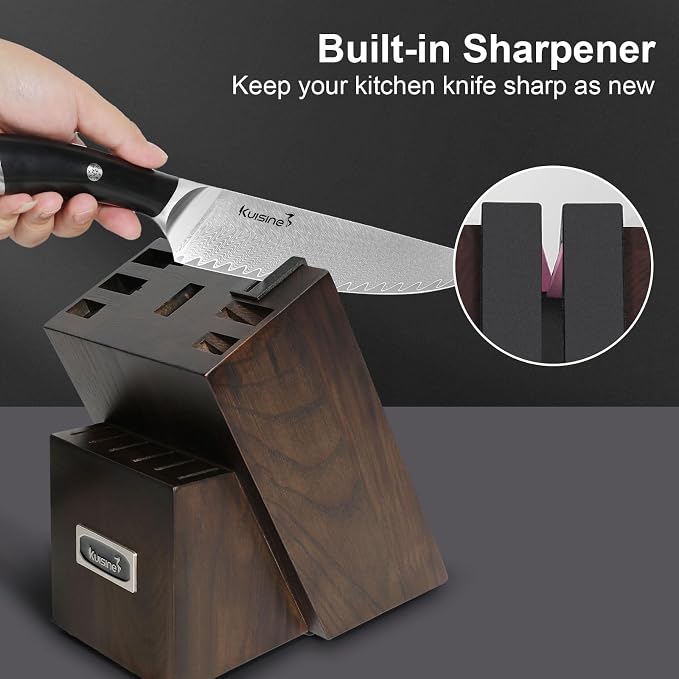 KUISINE 14-Piece Damascus Knife Set with Block, Ultra Sharp | Ergonomic Non-slip Handle Chef Knife Set with Built-in Sharpener, Dishwasher Safe, Luxury Gift for Holiday