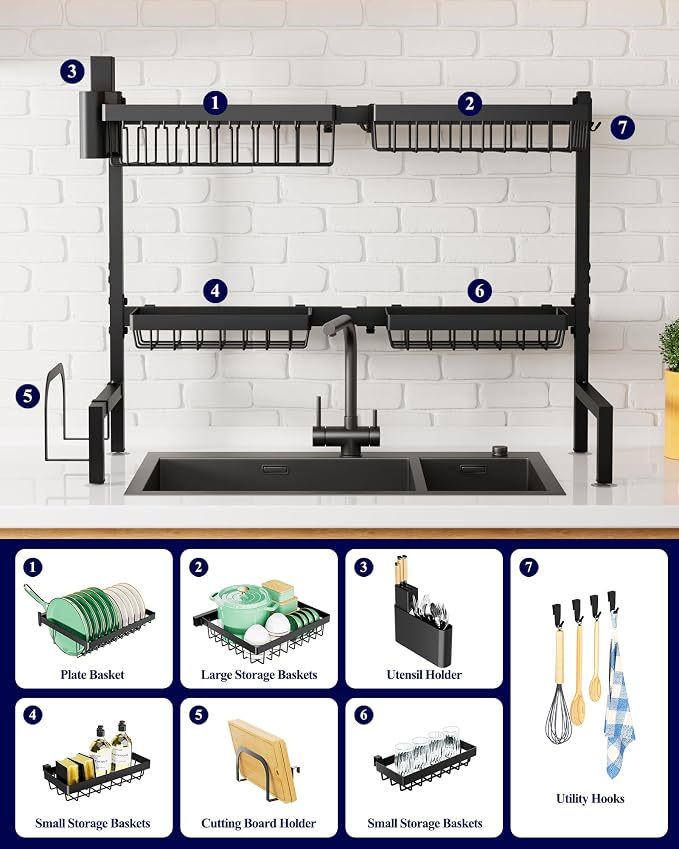 Kitsure Adjustable Over The Sink Dish Drying Rack, 26.8" -33.9"x21.5" | Sink Drying Rack for Kitchen Sink, Dish Rack Over Sink with Cutlery & Utensil Holders, Kitchen Storage, Black