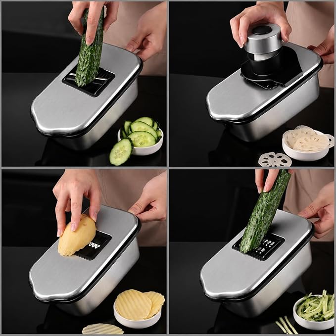 Vegetable Chopper, Stainless Steel Food Dicer and Mandoline Slicer with Drain Holes and Storage Container, Dishwasher Safe Food Chopper for Onion, Potato, Cucumber, Carrot and More