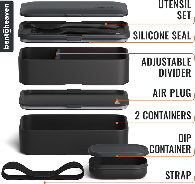 Bentoheaven Bento Box Adult, Stackable Lunch Box, 40 oz, Outer Space | BPA-free, leakproof and microwave-safe with 2 compartments, utensils, chopsticks, divider and sauce cup for men and women.