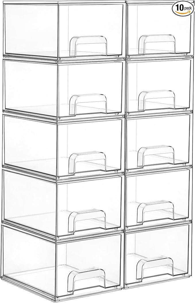 Vtopmart 10 Pack Small Clear Stackable Storage Drawers | Plastic Bathroom Makeup Organizer, For Vanity, Undersink, Kitchen Cabinets, Pantry, Home Organization