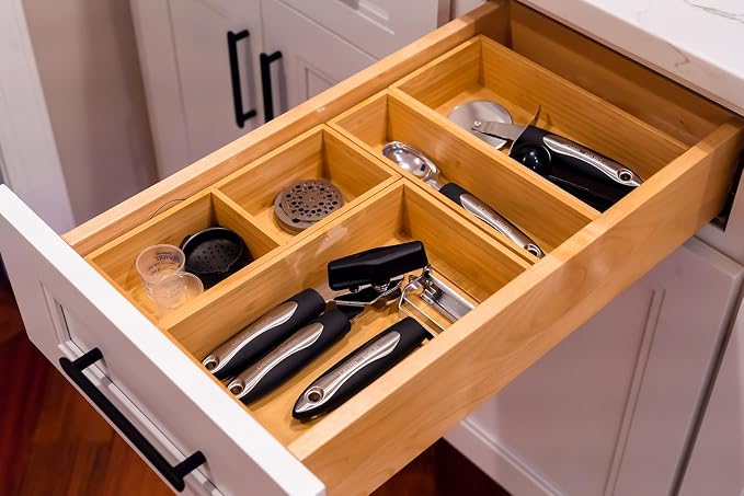Bamboo Kitchen Drawer Organizer, Extra High Silverware Tray, Flatware Cutlery Storage Box, Multi-Use Holder in Office, Bathroom, Pantry - 12"x3"x2.5" (Set of 2)