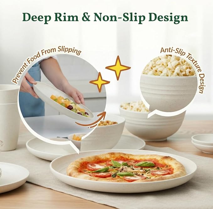 40 PCS Kitchen Dinnerware Sets, Wheat Straw Plates and Bowls Sets, Unbreakable Dishes Set for Camping, Picnic, Microwave and Dishwasher Safe, Plates, Bowls, Cups, Service for 8 (White)