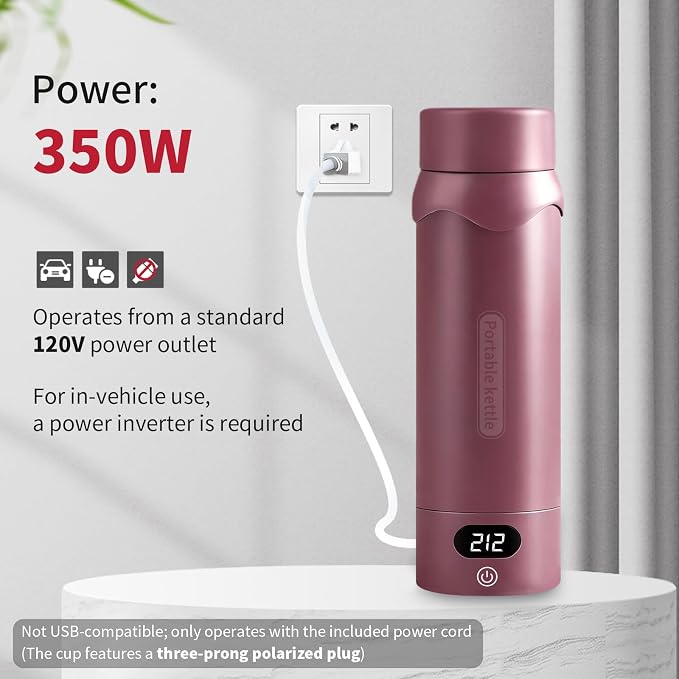 Travel Electric Kettle, Insulated Water Bottle with 4 Temp, Black Cherry | 316 Stainless Steel Liner, 400ml, Auto Shut-Off & Leak-proof, Mini Travel Essentials Portable Office Gifts for Tea Lovers