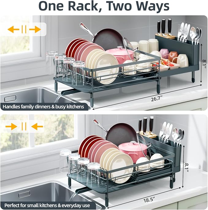 Urackify Extendable Dish Rack, 18.5"-26.7" L x 12.7" W, Dark Slate Gray | Multifunctional large dish rack with cup holder and built-in cutlery holder for versatile drying needs