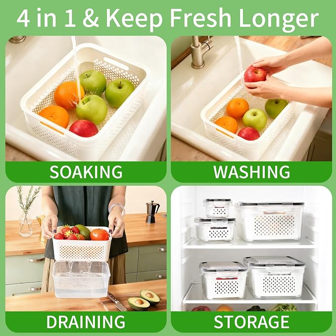 PRAKI Fruit Storage Containers for Fridge with Removable Colander, 5-Pack | 4 in 1 Food Storage Containers, Produce Saver for Refrigerator Keep Fruits, Berry Fresh Longer, Multiple Sizes, BPA-Free