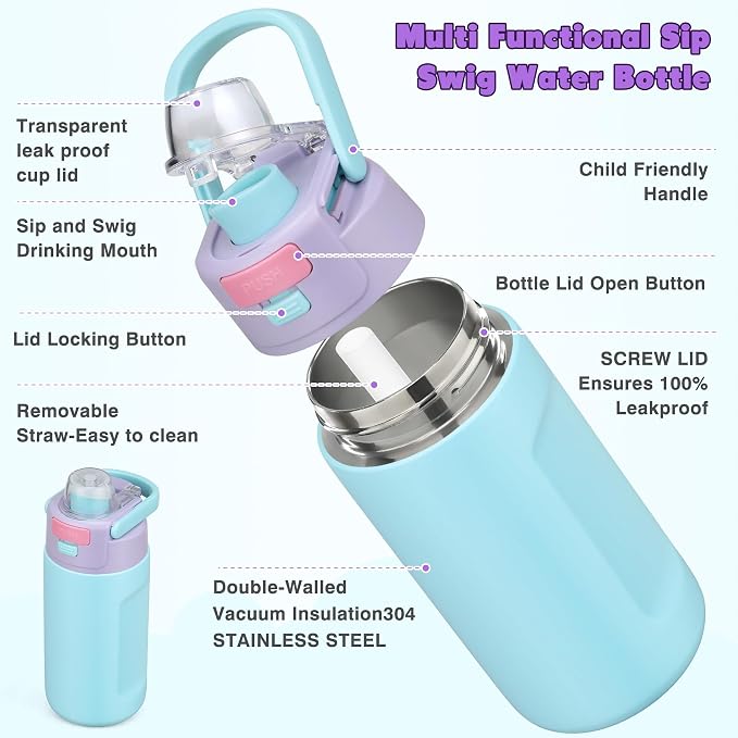Bento Lunch Box for Kids with 7oz Soup Thermo,Insulated Stainless Steel Kids Water Bottle with Straw and Insulated Lunch Bag,Leak-Proof Lunch Food Container with Ice Pack for School(Purple)