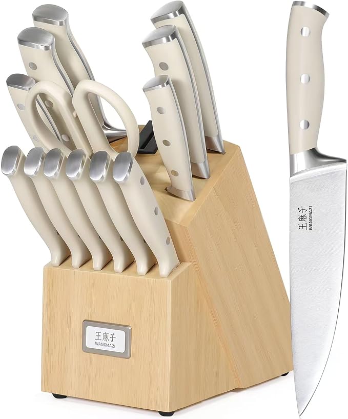 Knife Set, 15 Pcs Knife Block Set with Built-in Sharpener, High Carbon Stainless Steel Kitchen Knives, Japanese Stainless Steel Knives, Home Essentials Perfect for Gifts, Natural Pro