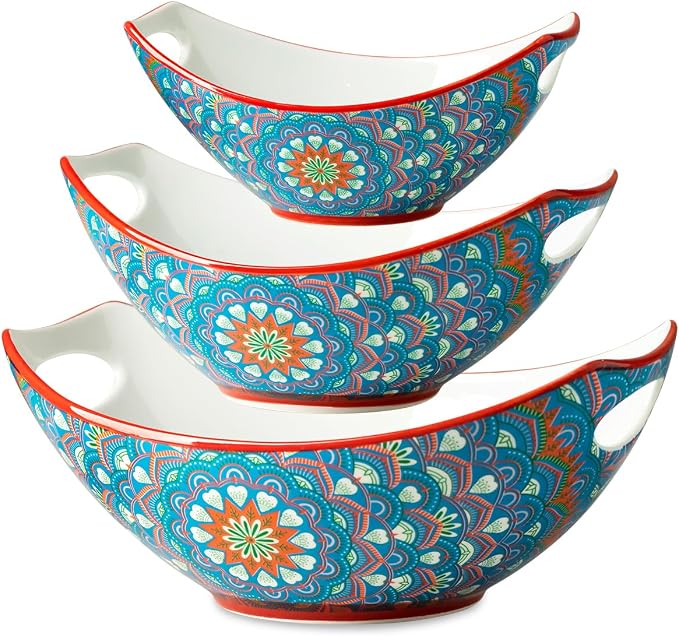 LAUCHUH Serving Dishes, Porcelain Bohemian Serving Bowls with Handles | Mixing Bowls Set Salad Bowls Nesting Bowls for Entertaining, Thanksgiving Party, Bowl Set of 3, 15/28/49 oz, Blue and Yellow