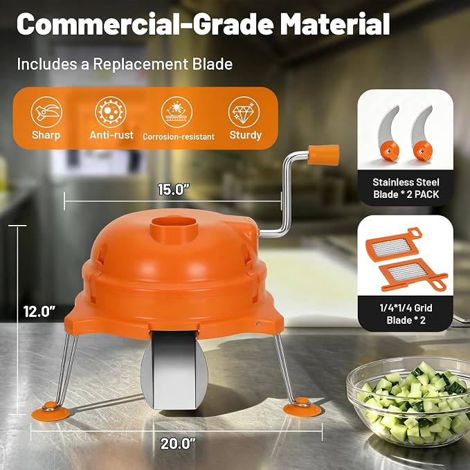 CL003 Commercial Vegetable Dicer with 2 Blades, 1/4"x1/4" Food Prep Cutter | Heavy-Duty Manual Tabletop Cuber for Onion, Tomato & Potato, Orange Chopper for Restaurant, Food Truck & Kitchen