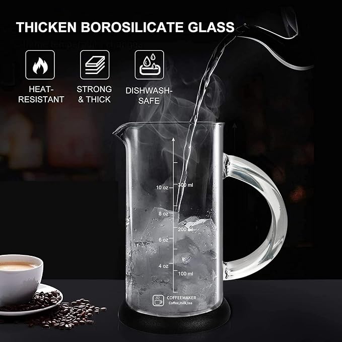 YMMIND French Press Coffee Maker 12 Ounce Espresso Tea Coffee Maker with 4 Filters System, Stainless Steel Plunger and Heat Resistant Borosilicate Glass BPA-Free Brewed Tea Pot Coffee Plunger