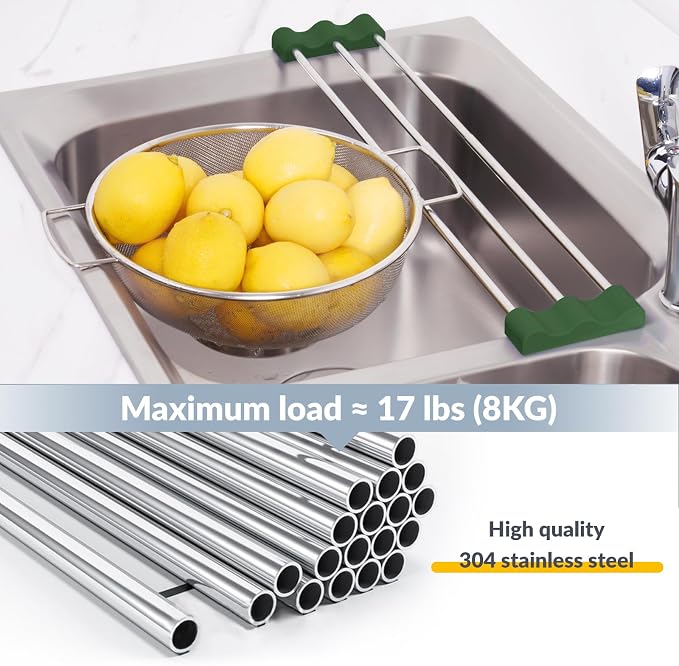 Tomorotec Adjustable Over-The-Sink Kitchen Rack, BPA-Free, Army Green | Holds 16.5 Lbs; For Dishcloths, Sponges, and Brushes - Heat-Resistant Stainless Steel with Slim, Expandable Design