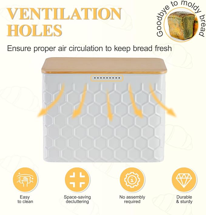Extra Large Honeycomb Embossed Bread Box with Bamboo Lid | Corner Breadbox for Homemade Bread, White Metal Bread Storage Container Bin for Kitchen Countertop, Fits 2 Loaves of Bread
