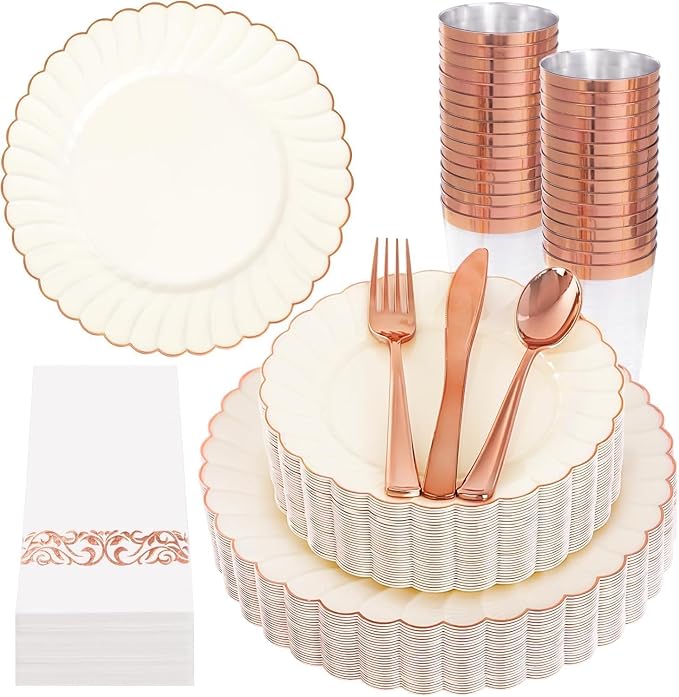 YOUBET 175PCS Ivory Scalloped Plastic Plates with Rose Gold Rim for Party | Rose Gold Disposable Dinnerware Set Include 50 Plates, 75 Rose Gold Silverware, 25 Cups, 25 Napkins for Wedding Baby Shower