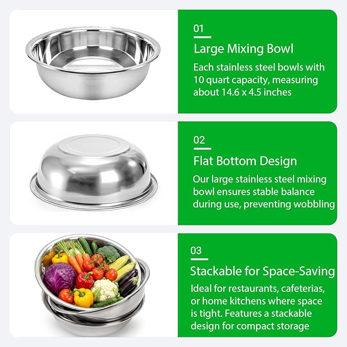 WUWEOT 3 Pack 10 Quart Large Mixing Bowl, Stainless Steel Oversized Salad Bowls, All-Purpose Metal Serving Basin for Home Commercial Prepping Baking Marinating Cooking Brining Mixing
