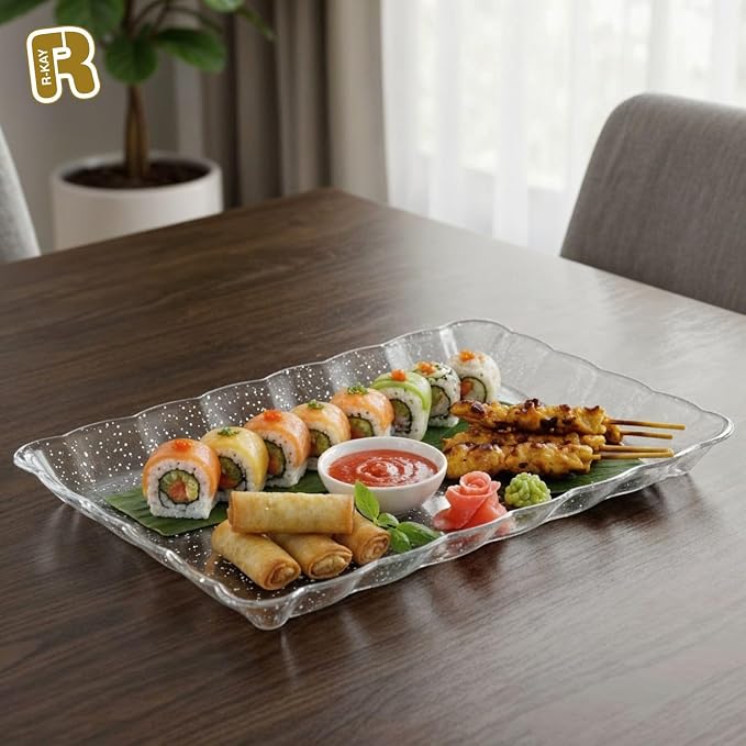 6 Pack Silver Glitter Plastic Serving Trays for Party, 9 x 13 Inch - Heavy Duty Plastic Silver Trays for Food - Rectangular Party Serving Platters