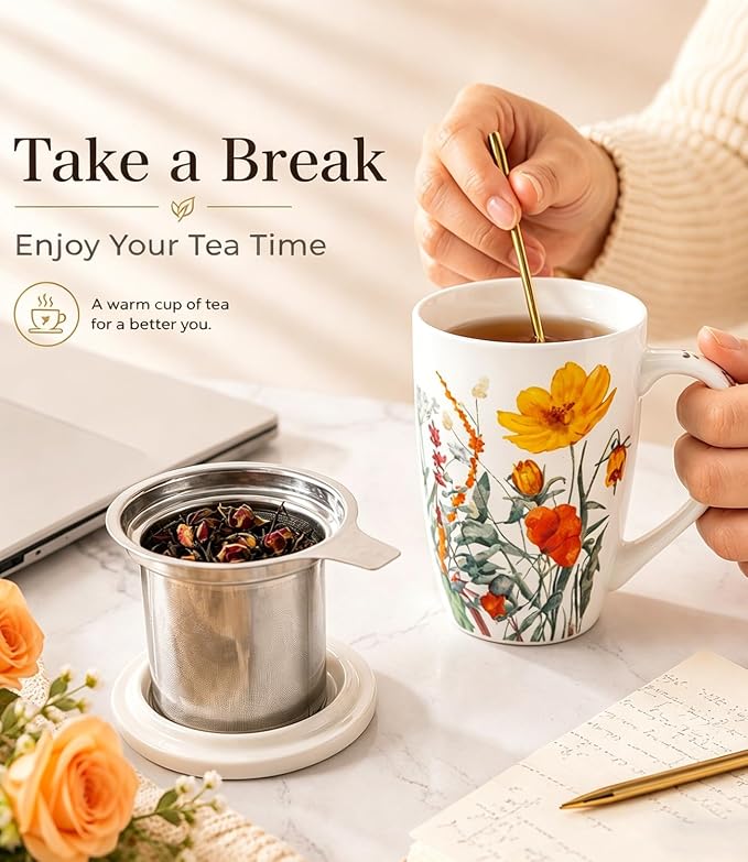 AmorArc Tea Cup With Infuser and Lid, 18oz Loose Leaf Tea Mug With Steeper | Porcelain Tea Mug With Infuser and Lid, Strainer Tea Cup for Tea Lovers, Home & Office, Housewarming Birthday Gift