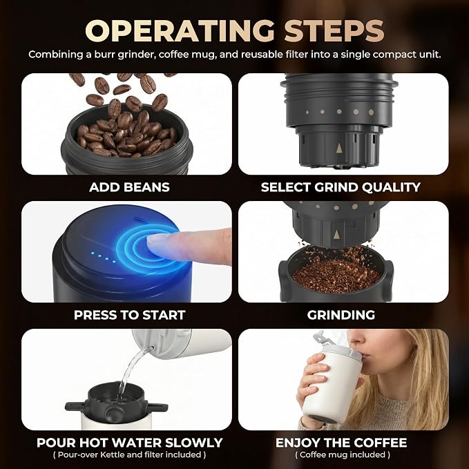 HAUSHOF Camping Coffee Maker, Coffee Grinder for Travel | 15 Cups per Charge;Portable Storage Bag;5 Grind Settings;USB-C Charging