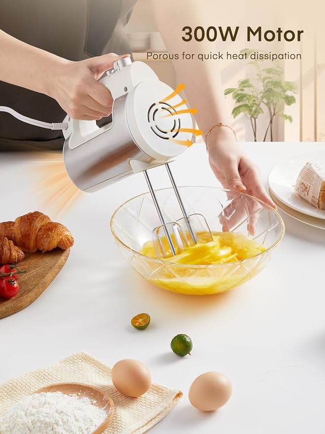 Hand Mixer Electric Handheld, 6 Speed & Turbo Electric Mixer, 300W Handheld Mixer with 2 Stainless Steel Whisk and 2 Dough Hook for Whipping, Mixing Cookies, Brownie, Cakes, Dough Batters, White