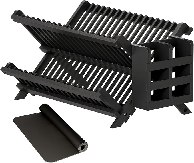 Greenual Black Bamboo Dish Drying Rack with Utensil Holder, 2 Tier Collapsible Dish Rack, Wooden Dish Racks for Kitchen Counter, Folding Drying Holder with Absorbent Dish Drying Mat