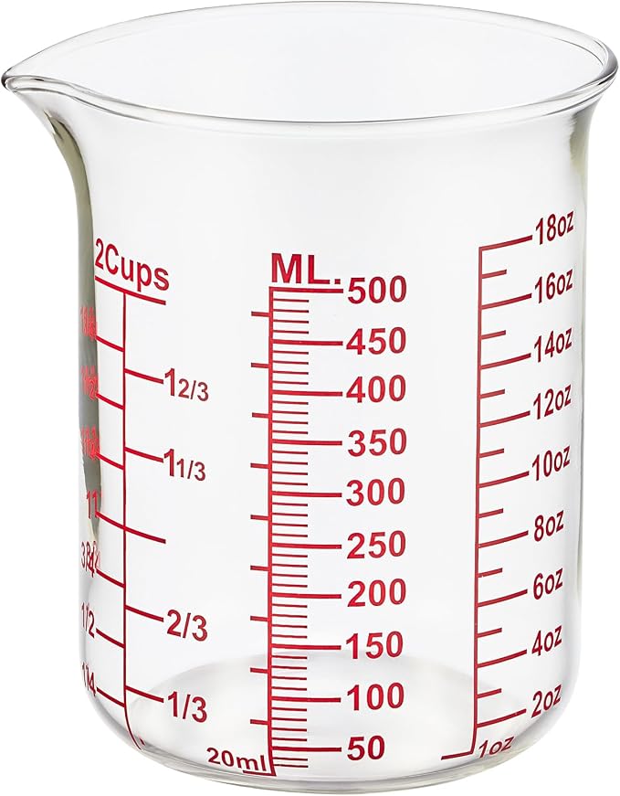 Ackers BORO3.3 High Borosilicate Glass Measuring Cup, Handleless Beaker with V-Shaped Spout, 500 ml (16 oz, 2 Cup)