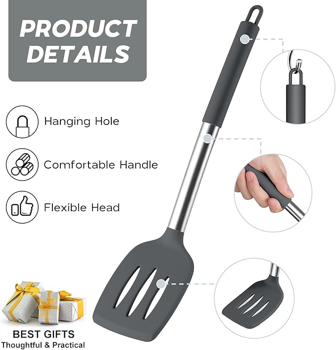 Onader 10 Pieces Silicone Kitchen Utensils Set, Cooking Utensils with Holder and Heat Resistant Stainless Steel Handle for Nonstick Cookware -Gray