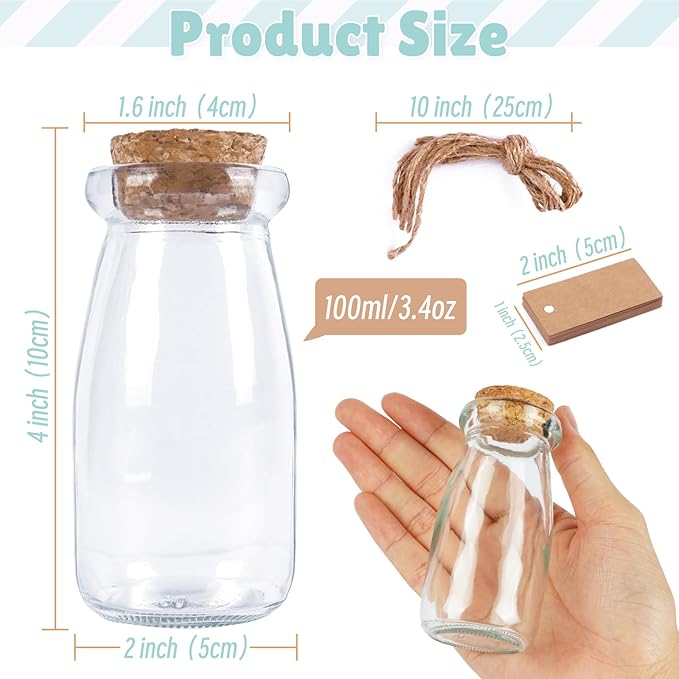 12pcs 3.4oz Small Glass Jars with Lids Potion Bottles for Wedding Favors | Versatile Small Glass Jars with Corks Twine Tags & Stickers, Mini Jars Set for DIY Crafts Birthday Wedding Gifts Party Favors