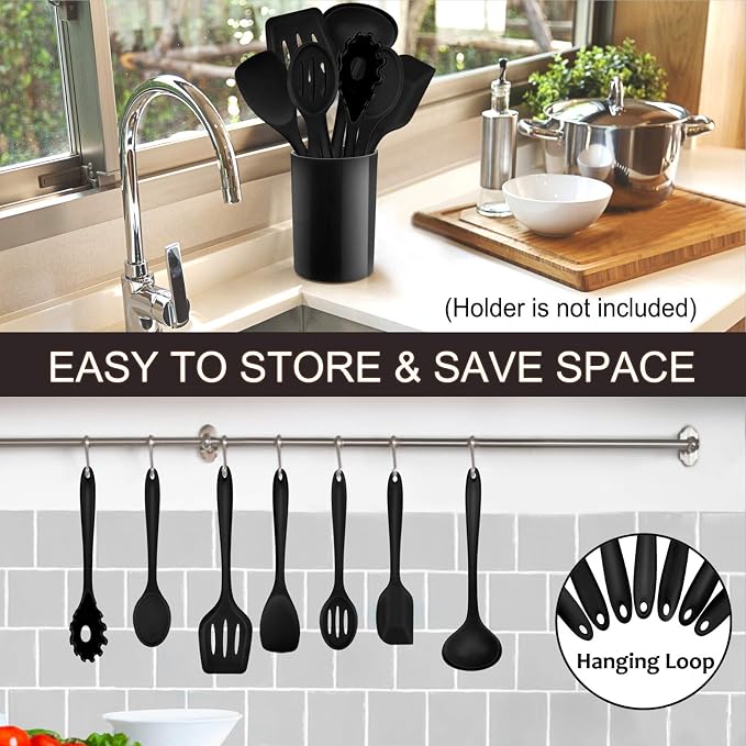 P&P CHEF Black Kitchen Utensils, Silicone Cooking Utensil Set of 7 | Soft Spatula for Nonstick Cookware, Slotted Turner, Soup Ladle, Pasta Server, Spoon for Cooking, Dishwasher Safe & Heat Proof