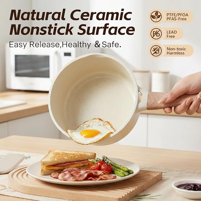 Ceramic Nonstick Saucepan with Lid, 2.0 QT Small Non Stick Stock Pot with Stay-cool Handle, Induction Compatible Cooking Pot White Granite Coating Easy to Clean Kitchen Cookware