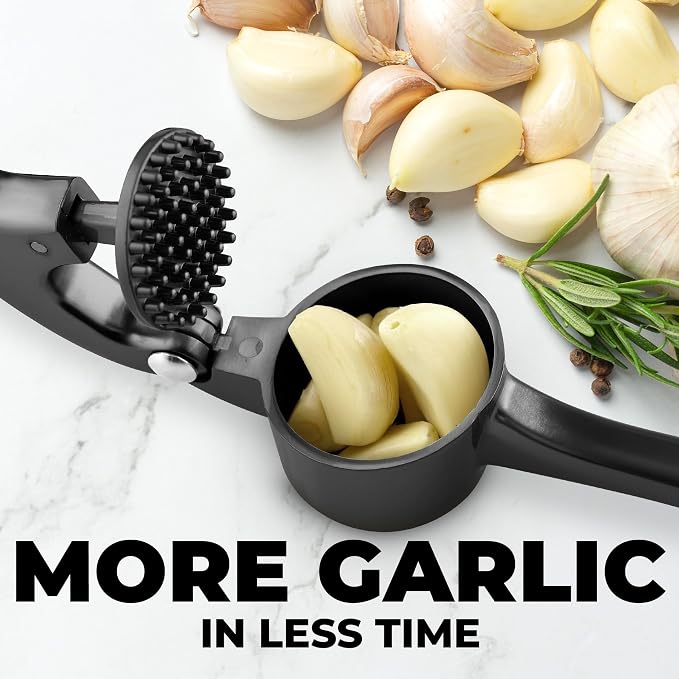 Zulay Kitchen Large Premium Garlic Press Set - Bigger Bowl for Bigger Garlic - Rust Proof Garlic Mincer Tool - Easy-Squeeze, Easy-Clean Silicone Garlic Peeler & Brush (Dark Gray)