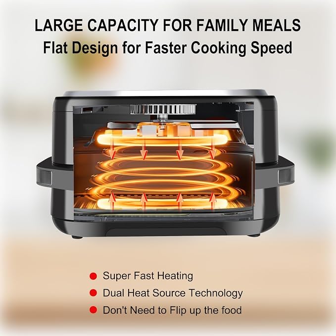 Pizza Oven & Air Fryer, 4.5QT 11-in-1 Flat Airfryer with Superior Top and Bottom Airflow Tech, Digital Display, Large Viewing Window, Grill Plate, Up to 32 Chicken Wings / 11" Pizza Capacity