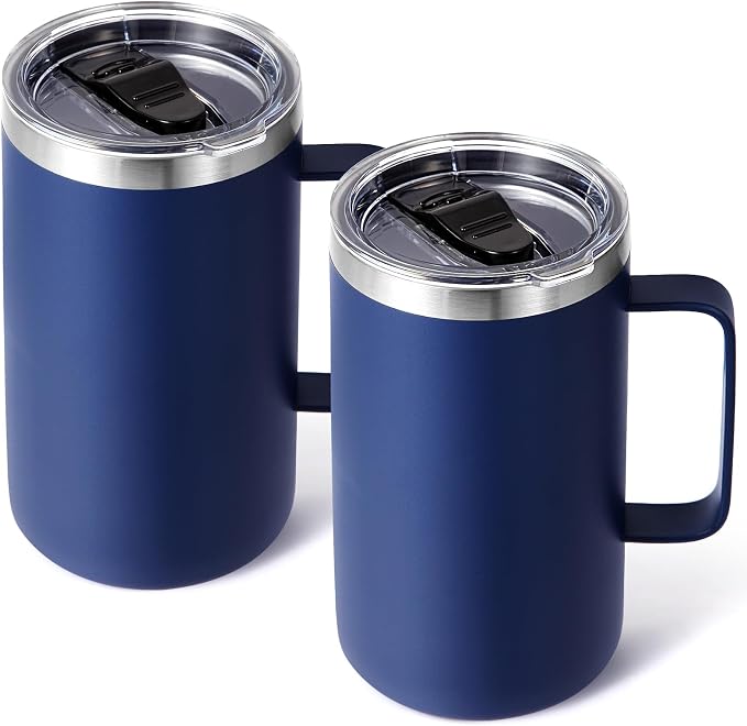 Volhoply 22oz Insulated Stainless Steel Coffee Mugs with Leakproof Lid Bulk 2 Pack,Double Wall Vacuum Travel Coffee Cup with Handle,Reusable Metal Tumbler,Camping Mug Keep Hot&Cold(Navy,2)