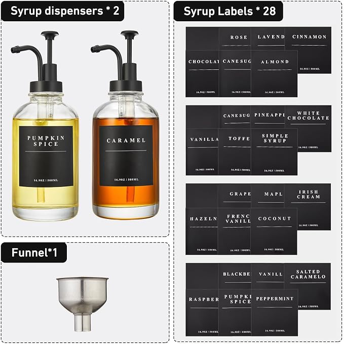 Coffee Syrup Dispenser for Coffee Bar with Black Upgraded Pump, 2 Pack | 16.9 oz 500 ml Syrup Dispensers, Coffee Syrup Pump Dispenser, Glass Syrup Bottle 28 Labels and Bamboo Tray