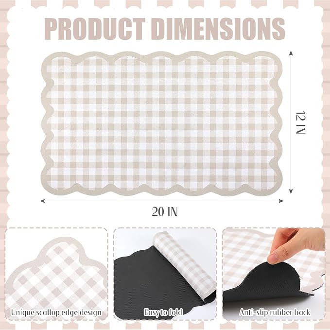 Brown Scalloped Gingham Coffee Mat 12" x 20" Absorbent Bar Mat | Gingham Espresso Matt with Non Slip Rubber Backing for Coffee Countertops