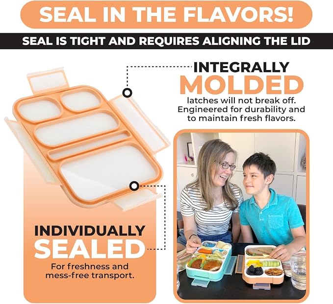 kinsho Bento-Box For Adults Or Kids, Lunch-Boxes Portion Control Container For Women Men Girls Boys | Leakproof Snack Containers For School Bpa Free Utensils 5 Compartments | Blue, Orange