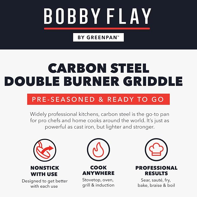 GreenPan x Bobby Flay 18" x 11" Pre-Seasoned Carbon Steel Double Burner Pan | Natural Nonstick with Use, Durable Cast Iron Alternative, Induction & All Stovetop Compatible, High Heat & Oven Safe to 660F