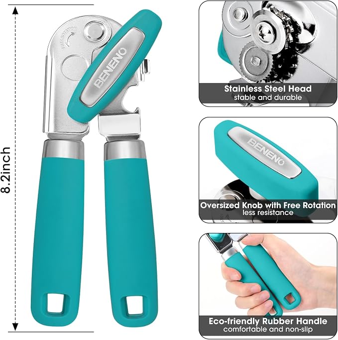 Beneno Heavy Duty Hand Can Opener Manual with Magnet Lid Remover, Turquoise | Razor-Sharp Carbon Steel Blade, Precise Smooth Cutting Gear, Big Effort-Saving Knob, Soft Grip Handle, Built-in Bottle Opener