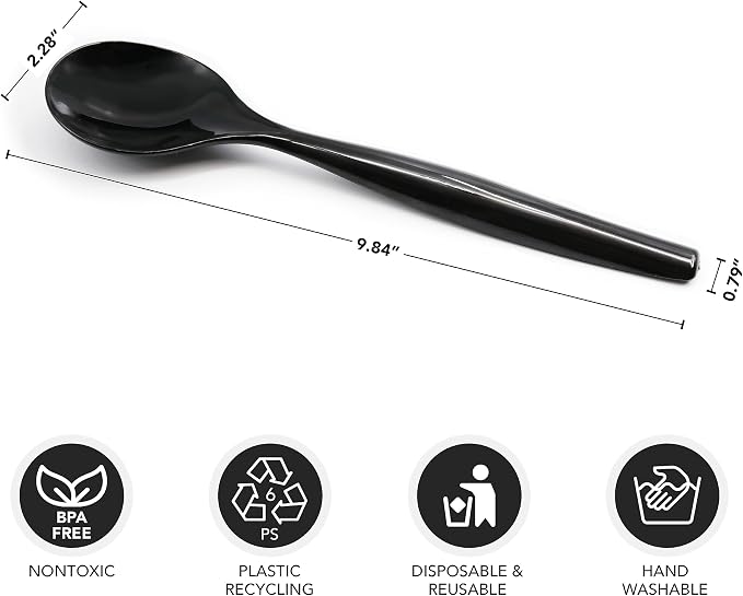 Party Essentials Disposable Heavy Duty Plastic Serving Utensils for Buffets Events Parties, 18-Count 10" Spoons, Black