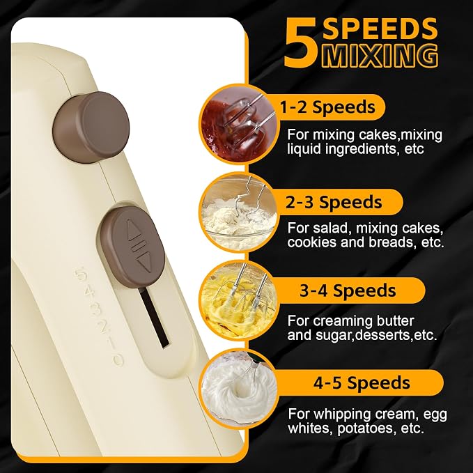 Lord Eagle 5-Speed Small Hand Mixer Electric, 300W Compact Portable, Cream | Handheld Kitchen Mixer Egg Beater with 5 Attachments & Storage Bag, Cake Supplies for Bread Dough Baking, Lightweight