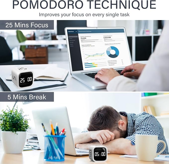 Rotating Pomodoro Timer 5/25/10/50, Desk Productivity Timer for ADHD, White | Countdown/Stopwatch Cube Timer, Vibration/High/Low Volume/Custom Modes, for Work Study, Back to School, Kitchen