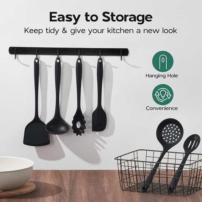 Onader Cooking Utensils Set of 6, Black Silicone Kitchen Cooking Utensils Set for Nonstick Cookware, Non Toxic & Dishwasher Safe