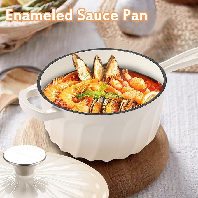Enameled Cast Iron Sauce Pan with Lid, 2 Quart Saucepan with Lid | Dutch Oven with Lid, Small Cast Iron Pot for Cooking Pasta, Soup, Milk, Induction & Oven Safe Up to 500°F, Caramel White