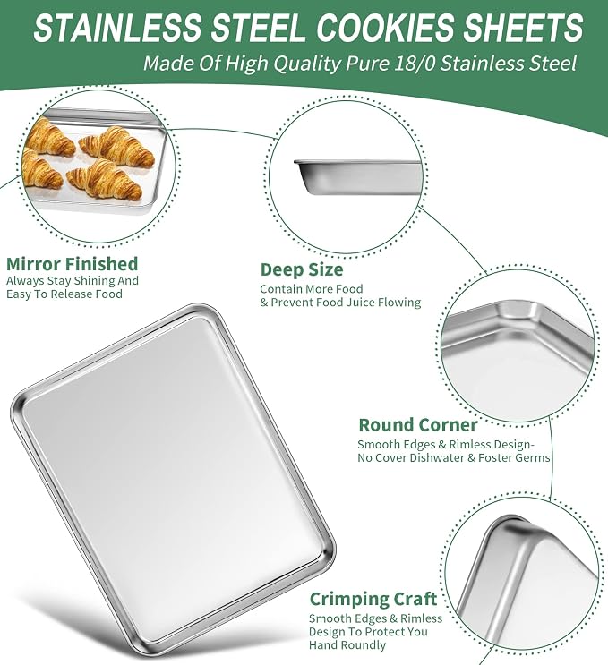 Baking Sheets Set of 2, HKJ Chef Cookie Sheets 2 Pieces & Stainless Steel Baking Pans & Toaster Oven Tray Pans, Rectangle Size 12.5Lx10Wx1H inch & Non Toxic & Healthy & Easy Clean